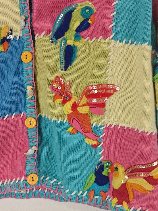 VTG Christina Rotelli Patchwork Bird Cardigan Embroidered Cottagecore M/L - Picture 4 of 13